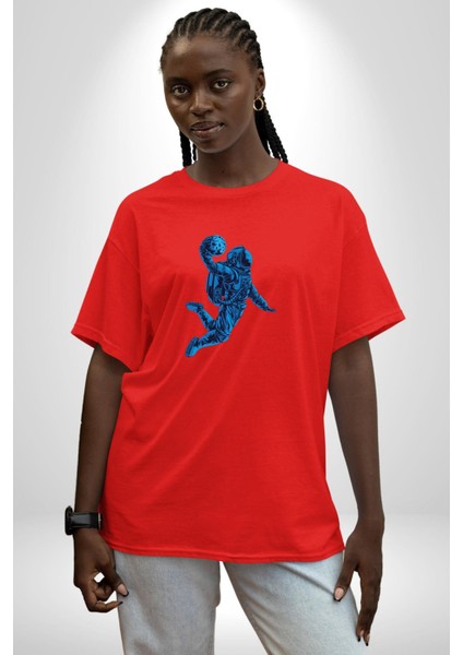 Basketbol Mars Uzay Smaçı Pamuklu Bisiklet Yaka Kadın Erkek Oversize Boyfriend Dijital Baskılı Kırmızı T-Shirt