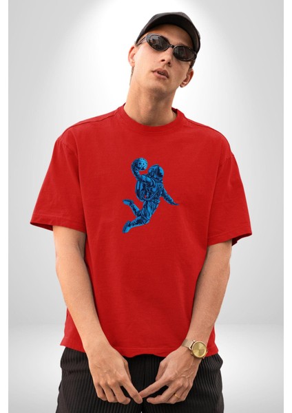 Basketbol Mars Uzay Smaçı Pamuklu Bisiklet Yaka Kadın Erkek Oversize Boyfriend Dijital Baskılı Kırmızı T-Shirt