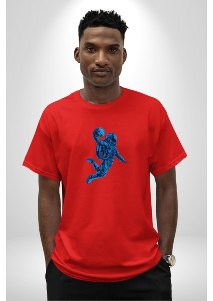 Basketbol Mars Uzay Smaçı Pamuklu Bisiklet Yaka Kadın Erkek Oversize Boyfriend Dijital Baskılı Kırmızı T-Shirt