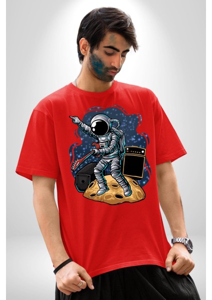 Gitar Astronot Müzik Uzay Pamuklu Bisiklet Yaka Kadın Erkek Oversize Boyfriend Dijital Baskılı Kırmızı T-Shirt