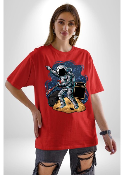 Gitar Astronot Müzik Uzay Pamuklu Bisiklet Yaka Kadın Erkek Oversize Boyfriend Dijital Baskılı Kırmızı T-Shirt fiyatları