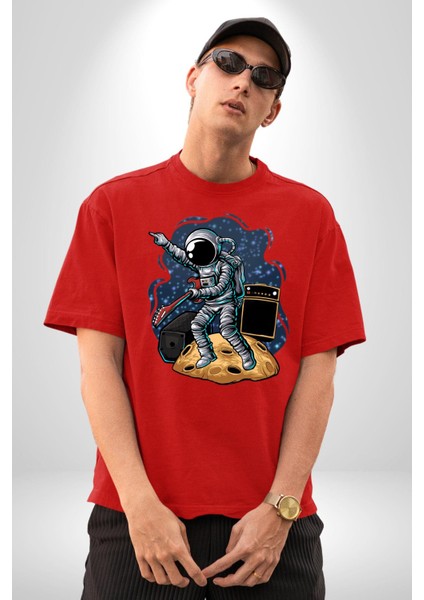 Gitar Astronot Müzik Uzay Pamuklu Bisiklet Yaka Kadın Erkek Oversize Boyfriend Dijital Baskılı Kırmızı T-Shirt fırsatları
