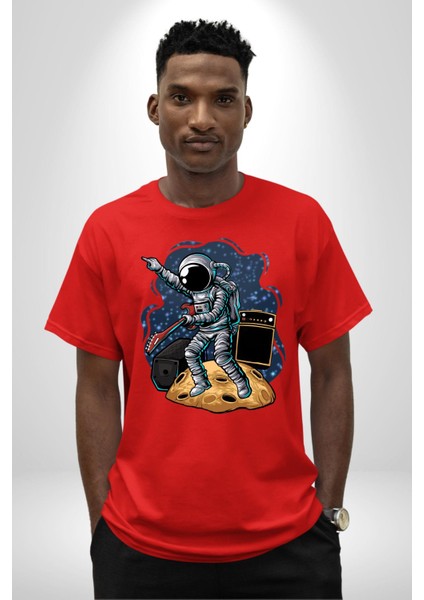 Gitar Astronot Müzik Uzay Pamuklu Bisiklet Yaka Kadın Erkek Oversize Boyfriend Dijital Baskılı Kırmızı T-Shirt indirimleri