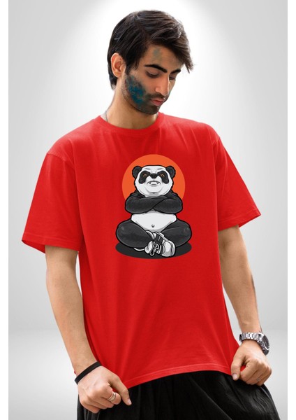 Yoga Panda Pamuklu Bisiklet Yaka Kadın Erkek Oversize Boyfriend Dijital Baskılı Kırmızı T-Shirt fiyatları