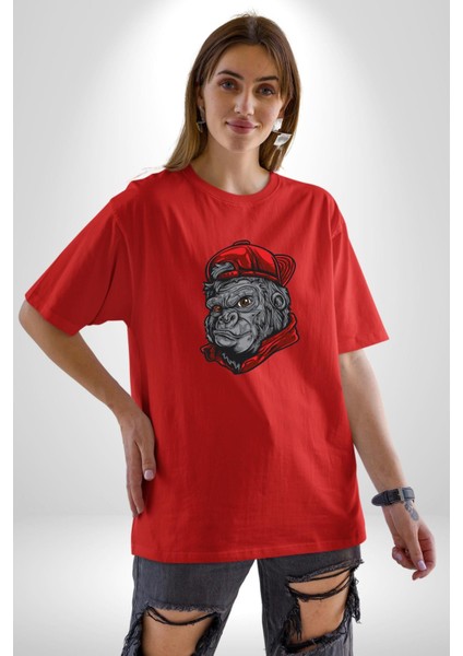 Kırmızı Şapka Maymun Pamuklu Bisiklet Yaka Kadın Erkek Oversize Boyfriend Dijital Baskılı Kırmızı T-Shirt fiyatları