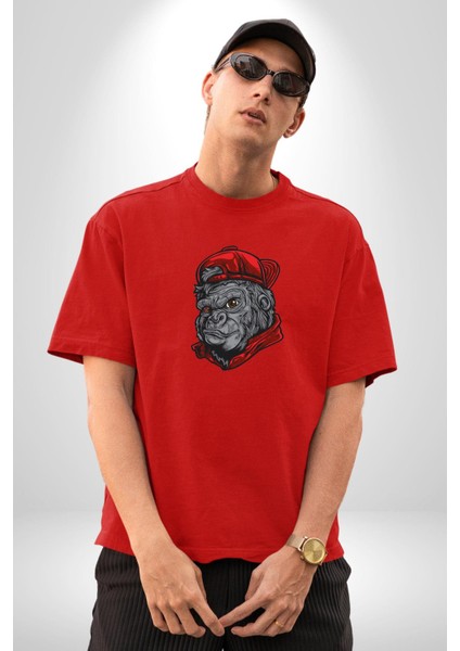 Kırmızı Şapka Maymun Pamuklu Bisiklet Yaka Kadın Erkek Oversize Boyfriend Dijital Baskılı Kırmızı T-Shirt fırsatları