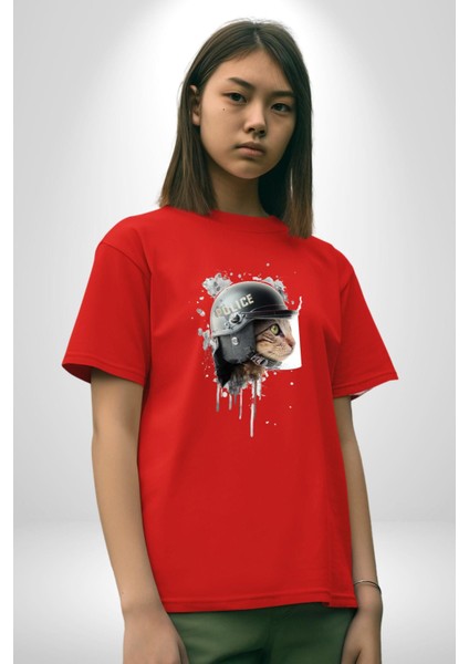 Kaket Polis Kedi Pamuklu Bisiklet Yaka Kadın Erkek Oversize Boyfriend Dijital Baskılı Kırmızı T-Shirt