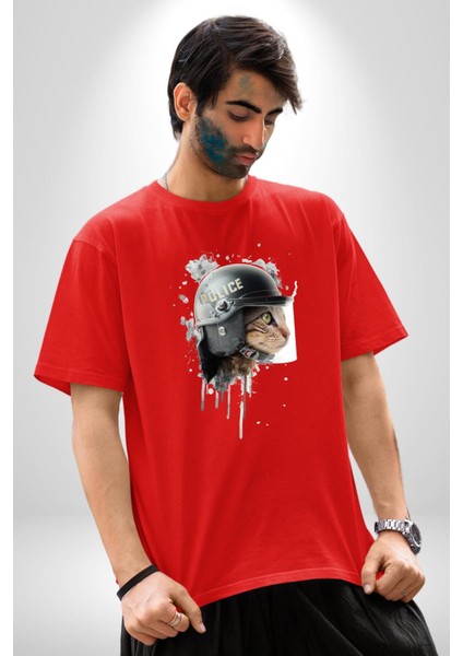 Kaket Polis Kedi Pamuklu Bisiklet Yaka Kadın Erkek Oversize Boyfriend Dijital Baskılı Kırmızı T-Shirt