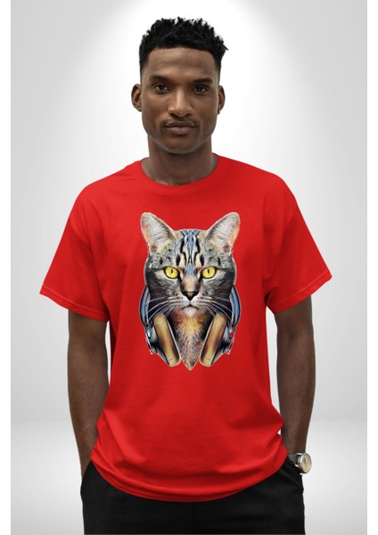 Kulaklık Kedi Pamuklu Bisiklet Yaka Kadın Erkek Oversize Boyfriend Dijital Baskılı Kırmızı T-Shirt