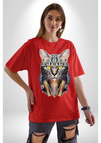 Kulaklık Kedi Pamuklu Bisiklet Yaka Kadın Erkek Oversize Boyfriend Dijital Baskılı Kırmızı T-Shirt fırsatları