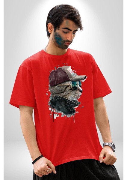 Pilot Çeketli Deri Şapkalı Cool Kedi Pamuklu Bisiklet Yaka Kadın Erkek Oversize Boyfriend Dijital Baskılı Kırmızı T-Shirt