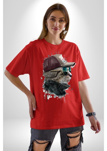 Pilot Çeketli Deri Şapkalı Cool Kedi Pamuklu Bisiklet Yaka Kadın Erkek Oversize Boyfriend Dijital Baskılı Kırmızı T-Shirt