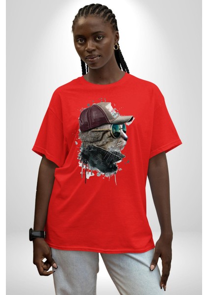 Pilot Çeketli Deri Şapkalı Cool Kedi Pamuklu Bisiklet Yaka Kadın Erkek Oversize Boyfriend Dijital Baskılı Kırmızı T-Shirt