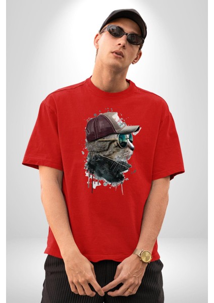 Pilot Çeketli Deri Şapkalı Cool Kedi Pamuklu Bisiklet Yaka Kadın Erkek Oversize Boyfriend Dijital Baskılı Kırmızı T-Shirt