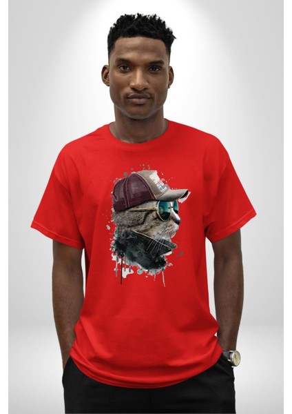 Pilot Çeketli Deri Şapkalı Cool Kedi Pamuklu Bisiklet Yaka Kadın Erkek Oversize Boyfriend Dijital Baskılı Kırmızı T-Shirt