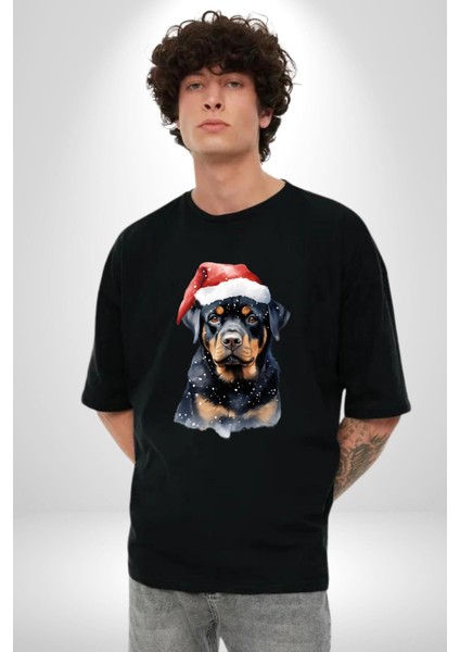 Yeni Yıl Noel Rottweiler Pamuklu Bisiklet Yaka Kadın Erkek Oversize Boyfriend Dijital Baskılı Siyah T-Shirt fiyatları