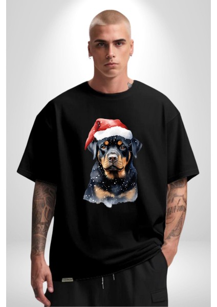 Yeni Yıl Noel Rottweiler Pamuklu Bisiklet Yaka Kadın Erkek Oversize Boyfriend Dijital Baskılı Siyah T-Shirt indirimleri