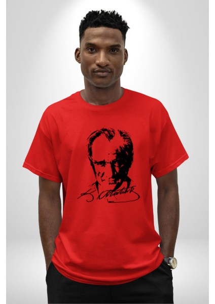 Kemal Atatürk Imza ve Silüet Pamuklu Bisiklet Yaka Kadın Erkek Oversize Boyfriend Dijital Baskılı Kırmızı T-Shirt fiyatları