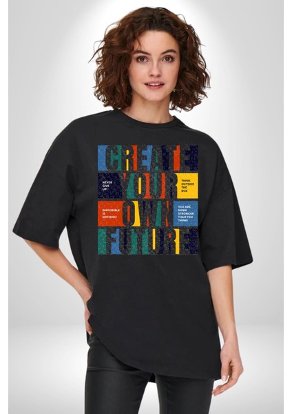 Geleçeği Seninle Planlayalım Pamuklu Bisiklet Yaka Kadın Erkek Oversize Boyfriend Dijital Baskılı Siyah T-Shirt