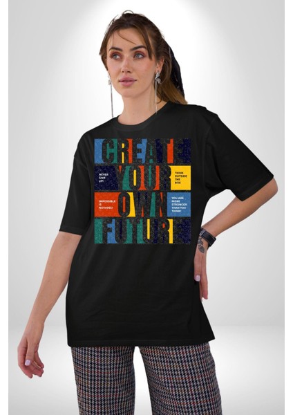 Geleçeği Seninle Planlayalım Pamuklu Bisiklet Yaka Kadın Erkek Oversize Boyfriend Dijital Baskılı Siyah T-Shirt fiyatları