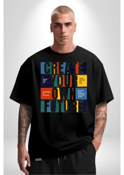 Geleçeği Seninle Planlayalım Pamuklu Bisiklet Yaka Kadın Erkek Oversize Boyfriend Dijital Baskılı Siyah T-Shirt modelleri