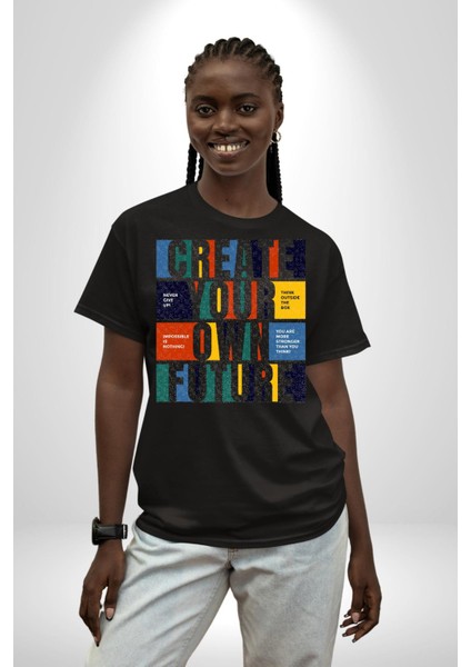 Geleçeği Seninle Planlayalım Pamuklu Bisiklet Yaka Kadın Erkek Oversize Boyfriend Dijital Baskılı Siyah T-Shirt fırsatları