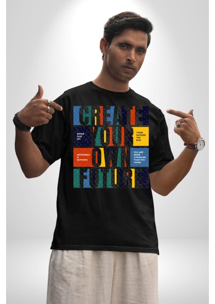 Geleçeği Seninle Planlayalım Pamuklu Bisiklet Yaka Kadın Erkek Oversize Boyfriend Dijital Baskılı Siyah T-Shirt indirimleri