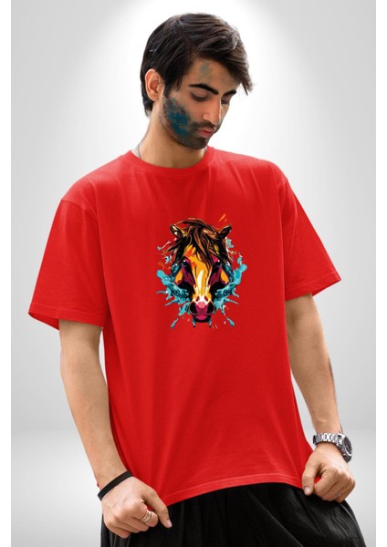 At Kafası Renkli Pamuklu Bisiklet Yaka Kadın Erkek Oversize Boyfriend Dijital Baskılı Kırmızı T-Shirt