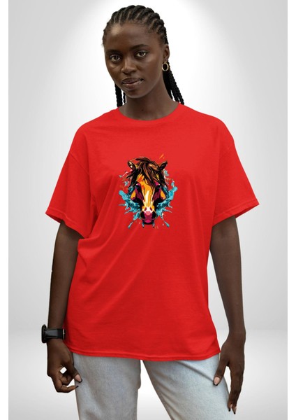 At Kafası Renkli Pamuklu Bisiklet Yaka Kadın Erkek Oversize Boyfriend Dijital Baskılı Kırmızı T-Shirt