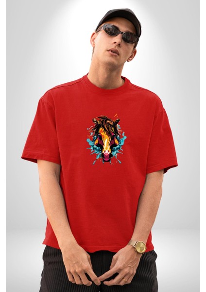 At Kafası Renkli Pamuklu Bisiklet Yaka Kadın Erkek Oversize Boyfriend Dijital Baskılı Kırmızı T-Shirt