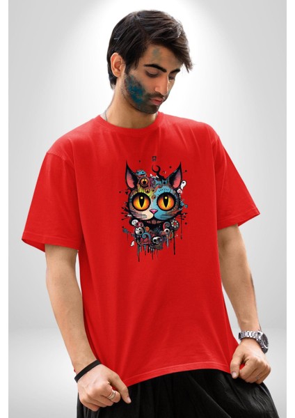 Meksikalı Alebrije Kedi Fütüristik Kedi Pamuklu Bisiklet Yaka Kadın Erkek Oversize Boyfriend Dijital Baskılı Kırmızı T-Shirt