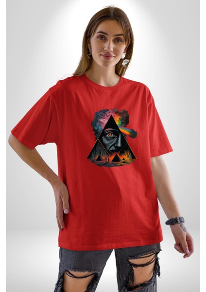 Pink Floyd Göz Piramit Pamuklu Bisiklet Yaka Kadın Erkek Oversize Boyfriend Dijital Baskılı Kırmızı T-Shirt