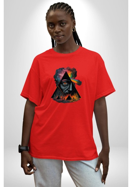 Pink Floyd Göz Piramit Pamuklu Bisiklet Yaka Kadın Erkek Oversize Boyfriend Dijital Baskılı Kırmızı T-Shirt fiyatları