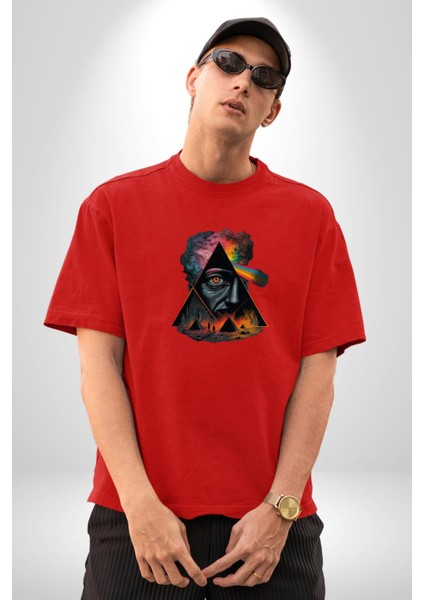 Pink Floyd Göz Piramit Pamuklu Bisiklet Yaka Kadın Erkek Oversize Boyfriend Dijital Baskılı Kırmızı T-Shirt modelleri