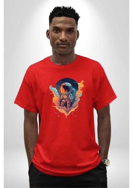 Bulutlar Astronot Uzay Pamuklu Bisiklet Yaka Kadın Erkek Oversize Boyfriend Dijital Baskılı Kırmızı T-Shirt
