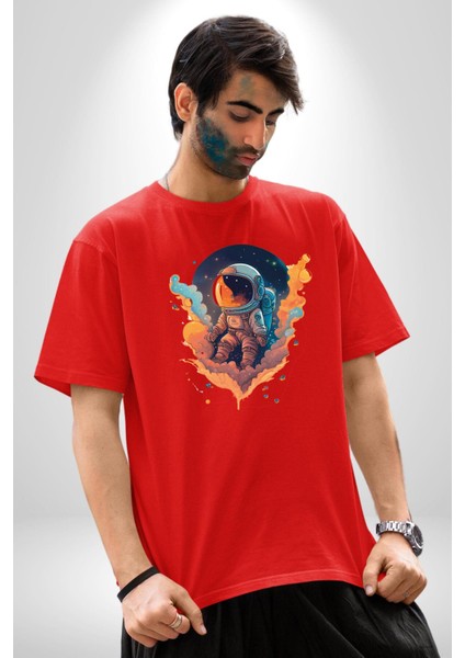 Bulutlar Astronot Uzay Pamuklu Bisiklet Yaka Kadın Erkek Oversize Boyfriend Dijital Baskılı Kırmızı T-Shirt modelleri