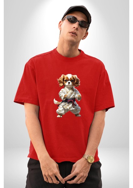 Cavailer King Charles Spaniel Karate Pamuklu Bisiklet Yaka Kadın Erkek Oversize Boyfriend Dijital Baskılı Kırmızı T-Shirt