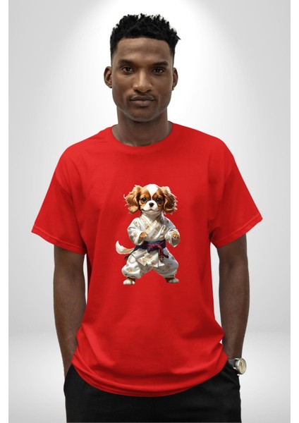 Cavailer King Charles Spaniel Karate Pamuklu Bisiklet Yaka Kadın Erkek Oversize Boyfriend Dijital Baskılı Kırmızı T-Shirt fiyatları