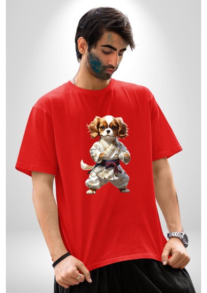 Cavailer King Charles Spaniel Karate Pamuklu Bisiklet Yaka Kadın Erkek Oversize Boyfriend Dijital Baskılı Kırmızı T-Shirt fırsatları