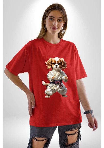 Cavailer King Charles Spaniel Karate Pamuklu Bisiklet Yaka Kadın Erkek Oversize Boyfriend Dijital Baskılı Kırmızı T-Shirt indirimleri