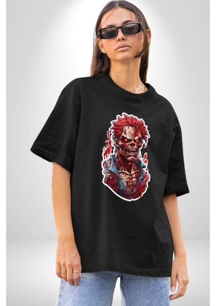 Zombi Kırmızı The Walking Dead Pamuklu Bisiklet Yaka Kadın Erkek Oversize Boyfriend Dijital Baskılı Siyah T-Shirt