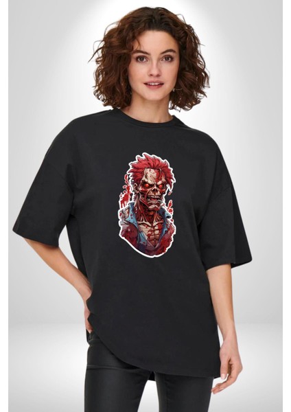 Zombi Kırmızı The Walking Dead Pamuklu Bisiklet Yaka Kadın Erkek Oversize Boyfriend Dijital Baskılı Siyah T-Shirt indirimleri