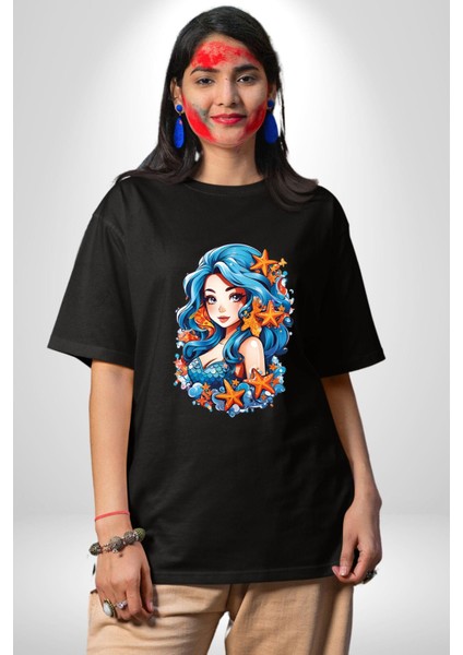 Deniz Kızı Deniz Yıldızı Mavi Saçlı Pamuklu Bisiklet Yaka Kadın Erkek Oversize Boyfriend Dijital Baskılı Siyah T-Shirt