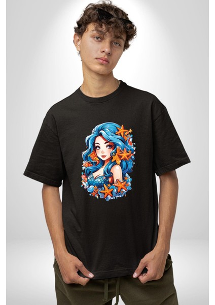 Deniz Kızı Deniz Yıldızı Mavi Saçlı Pamuklu Bisiklet Yaka Kadın Erkek Oversize Boyfriend Dijital Baskılı Siyah T-Shirt fiyatları