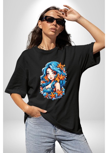 Deniz Kızı Deniz Yıldızı Mavi Saçlı Pamuklu Bisiklet Yaka Kadın Erkek Oversize Boyfriend Dijital Baskılı Siyah T-Shirt fırsatları