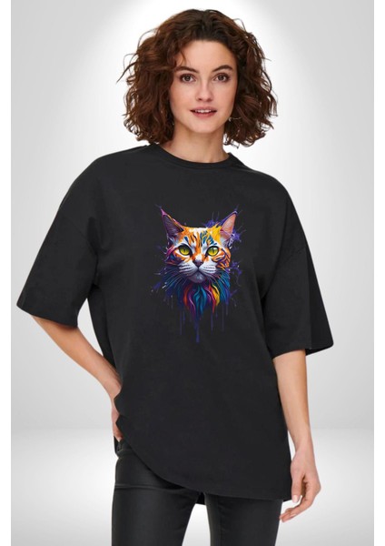 Şimşek Yağmur Kedi Pamuklu Bisiklet Yaka Kadın Erkek Oversize Boyfriend Dijital Baskılı Siyah T-Shirt