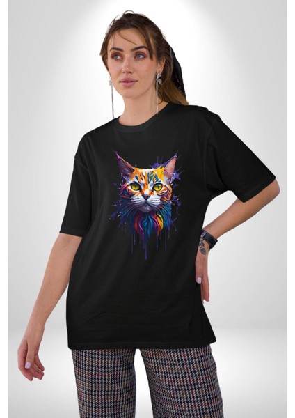 Şimşek Yağmur Kedi Pamuklu Bisiklet Yaka Kadın Erkek Oversize Boyfriend Dijital Baskılı Siyah T-Shirt