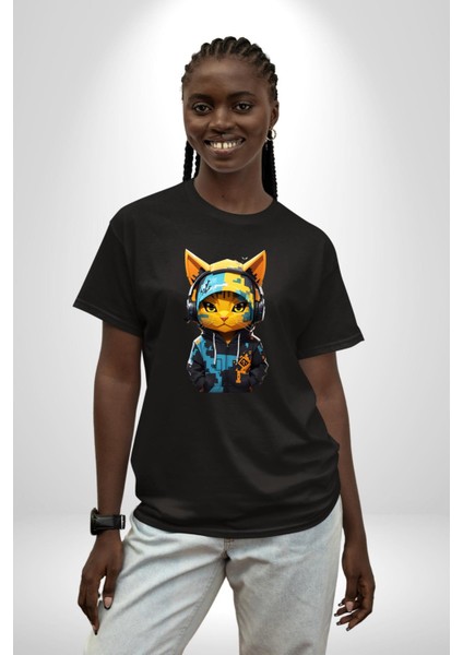Bandana Kedi Kulaklık Çeket Pamuklu Bisiklet Yaka Kadın Erkek Oversize Boyfriend Dijital Baskılı Siyah T-Shirt
