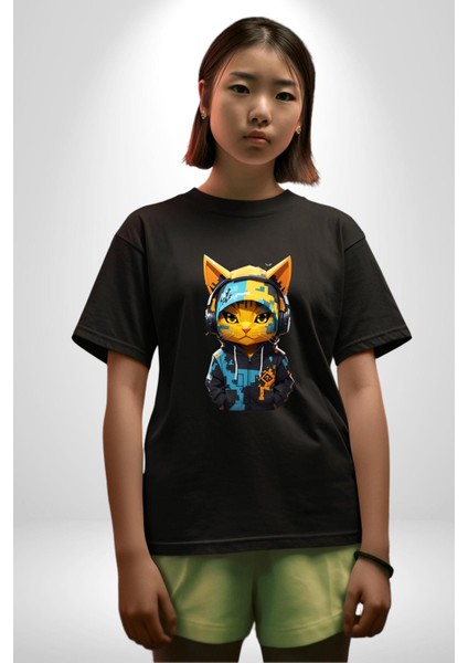 Bandana Kedi Kulaklık Çeket Pamuklu Bisiklet Yaka Kadın Erkek Oversize Boyfriend Dijital Baskılı Siyah T-Shirt modelleri