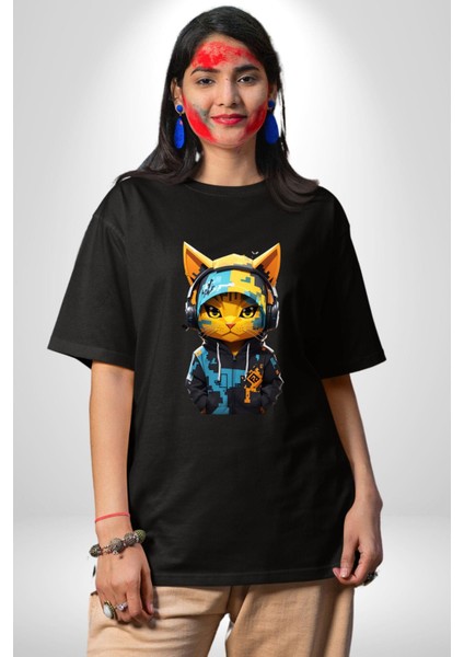 Bandana Kedi Kulaklık Çeket Pamuklu Bisiklet Yaka Kadın Erkek Oversize Boyfriend Dijital Baskılı Siyah T-Shirt fırsatları
